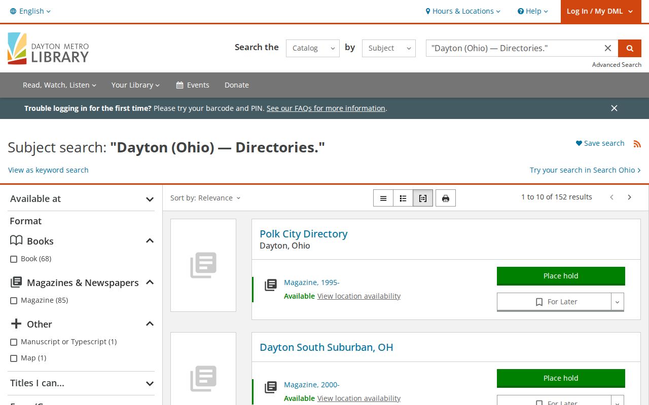 Dayton city directory catalog results for Haines and Polk directories