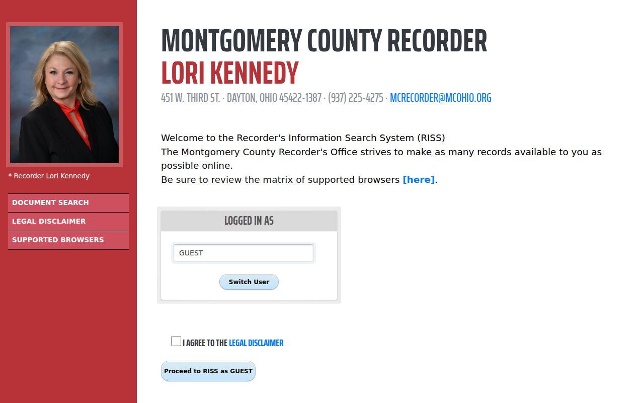 Dayton residents directory Montgomery County Recorder RISS access screen